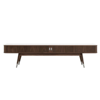 Modern mid-century walnut TV stand with sleek white top and chrome accents. Elegant, minimalist design.