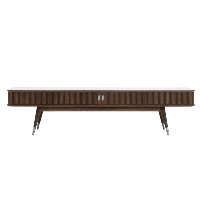 Modern mid-century walnut TV stand with sleek white top and chrome accents. Elegant, minimalist design.