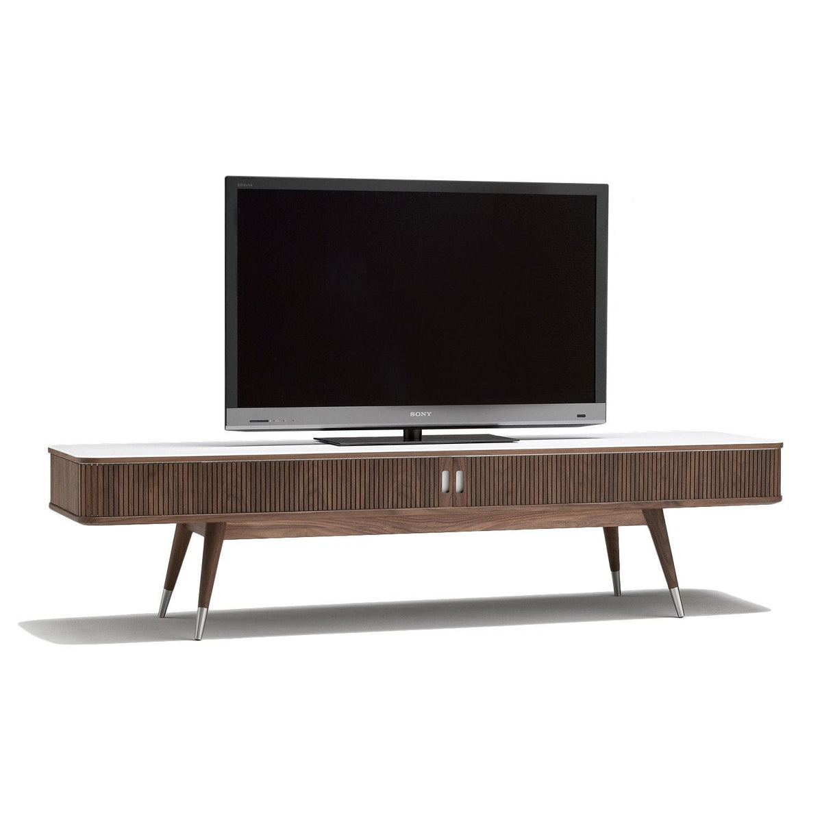 Mid-century modern TV stand in rich walnut finish with sleek white top and geometric patterns. Stylish and functional decor.