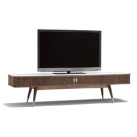 Mid-century modern TV stand in rich walnut finish with sleek white top and geometric patterns. Stylish and functional decor.