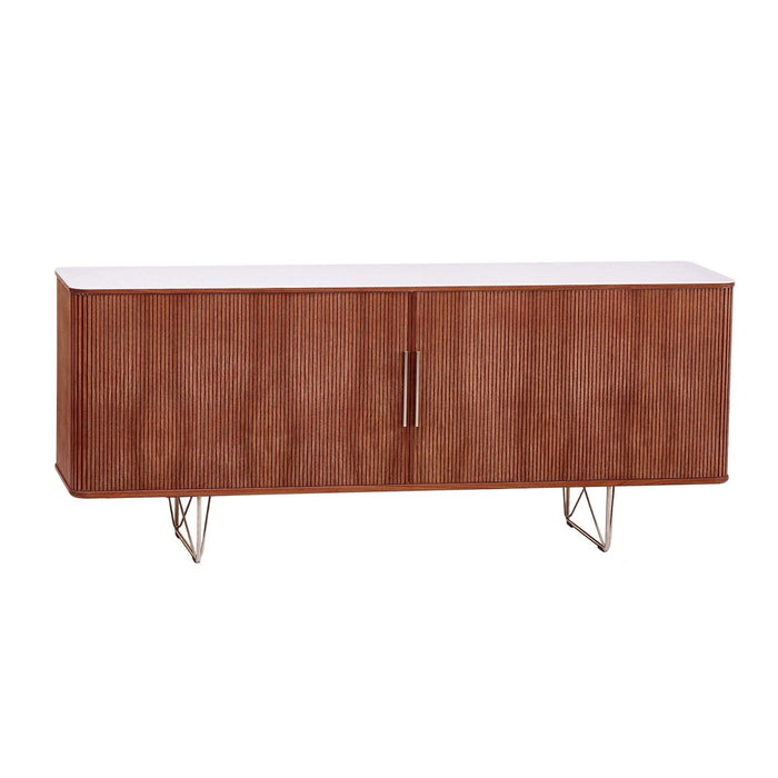 Mid-century modern TV cabinet with warm walnut wood finish and sleek white top, featuring subtle grain patterns.