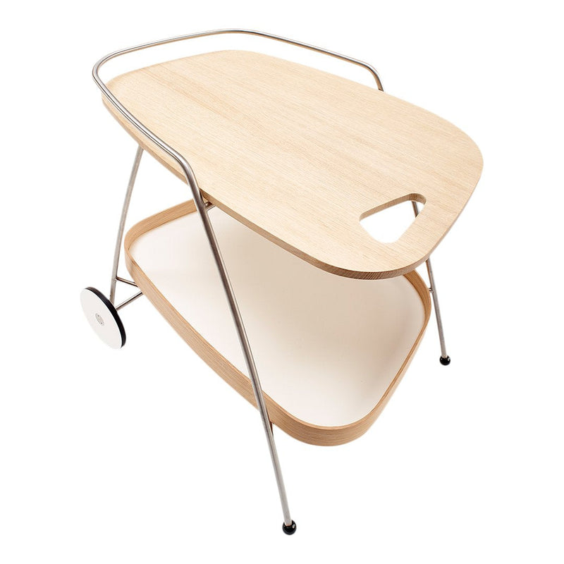 Light wood finish with a sleek silver frame, featuring a minimalist design and smooth, curved edges.