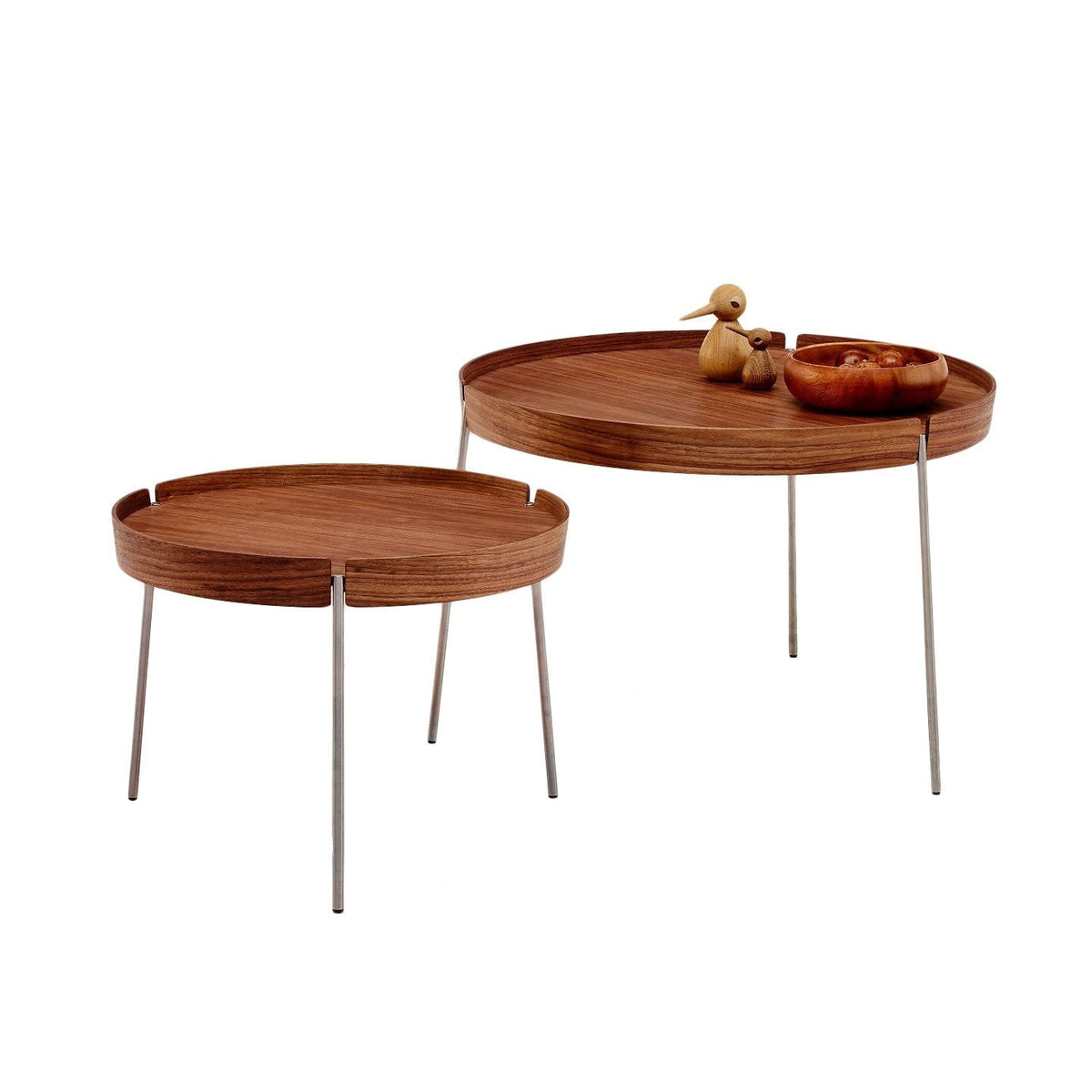 "Set of two round wooden tables with a rich wood grain finish and sleek metal legs, featuring a minimalist design."