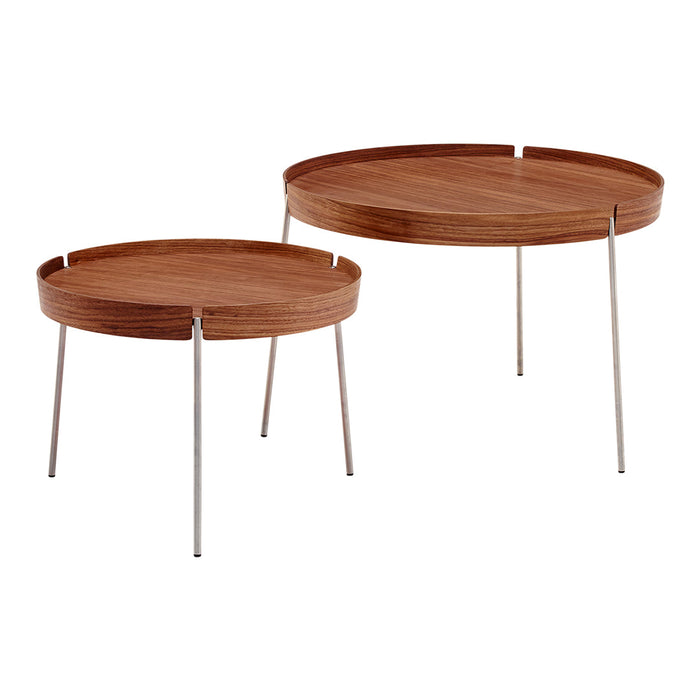 Set of two round wooden tables with a warm brown finish and sleek, minimalistic silver legs.