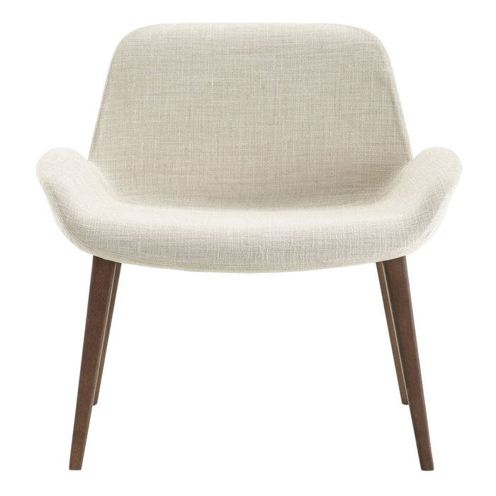 Cream upholstered armchair with a textured finish and dark wooden legs. Modern, minimalist design for any decor.
