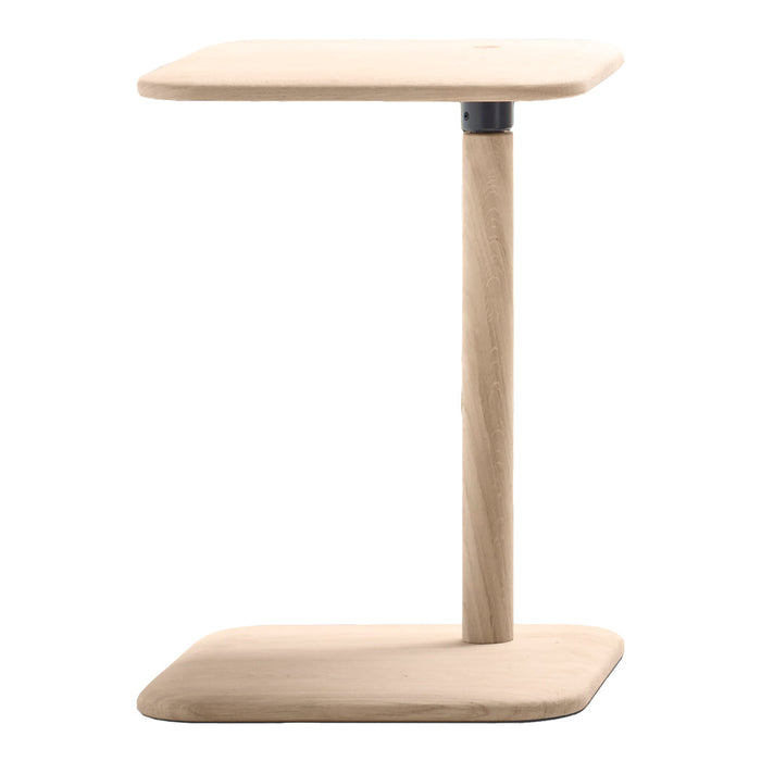 Light natural wood side table with a smooth, modern design and minimalist shape, featuring soft rounded edges.
