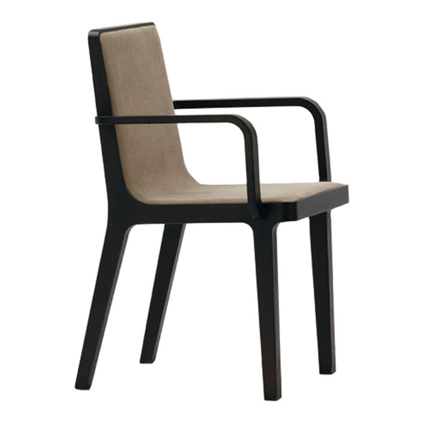 Modern black armchair with a sleek design and a soft beige fabric seat, perfect for contemporary decor.