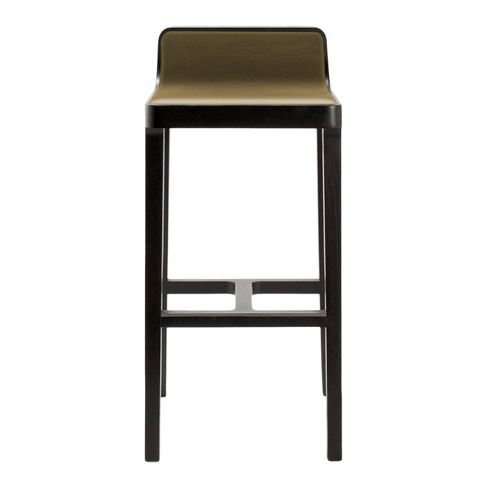 Sleek black bar stool with a smooth olive green seat, featuring a minimalist design and solid frame.