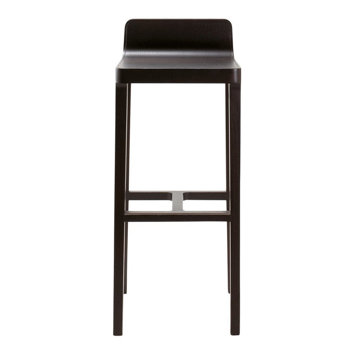 Sleek black bar stool with a minimalist design and smooth, solid surface. Modern and stylish for any space.