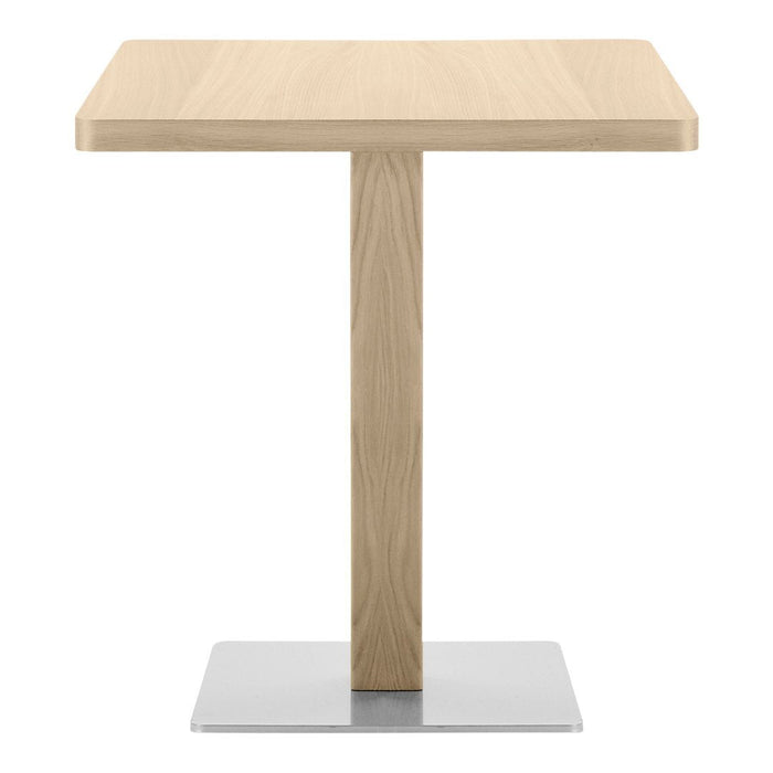 Light oak wood tabletop with a smooth finish, supported by a sleek, stainless-steel base, minimalistic design.