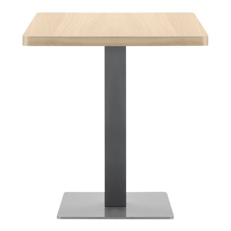 Light oak tabletop with a sleek gray metal base and square design, perfect for modern interiors.
