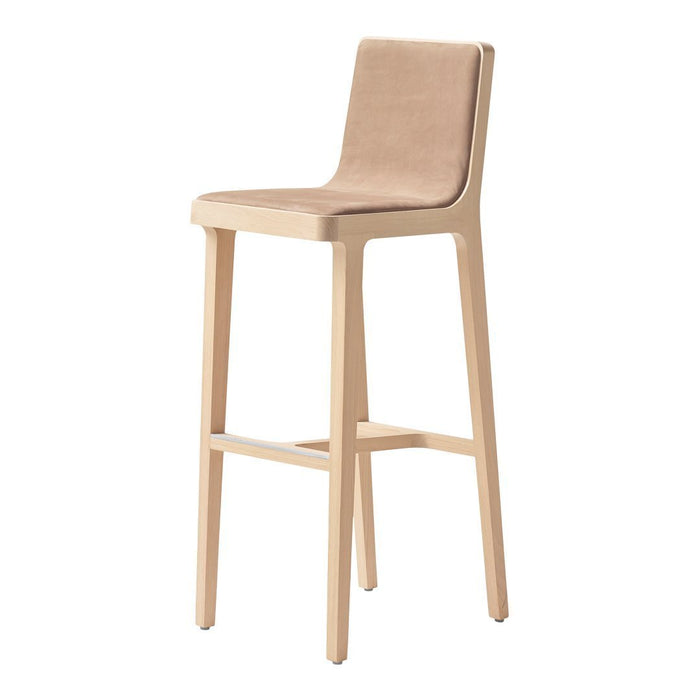 Beige upholstered bar stool on natural wood legs, featuring a sleek, minimalist design ideal for modern decor.
