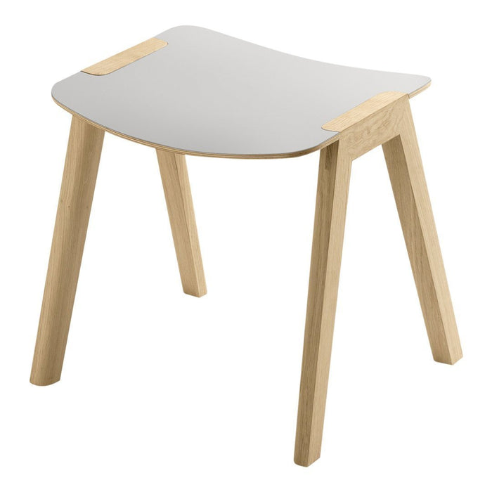 Minimalist gray stool with natural wood legs, showcasing a sleek and modern design. Perfect for any contemporary space.