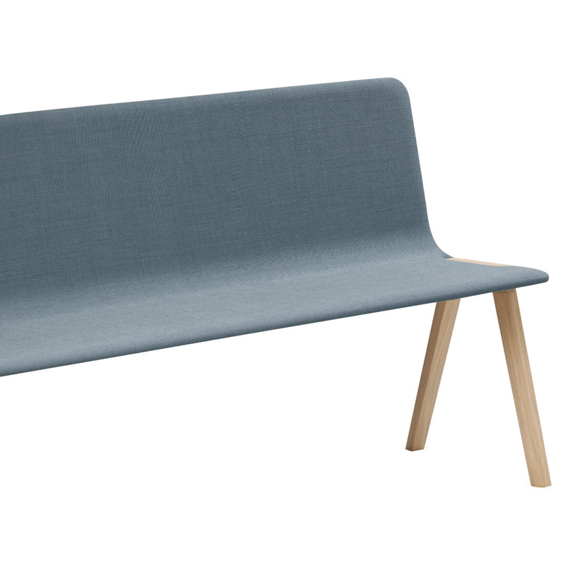 Blue upholstered bench with a minimalist design and light wooden legs. Simple, elegant, and perfect for modern decor.
