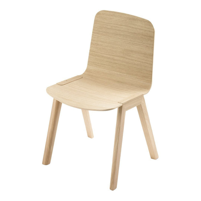 Natural light wood chair with a smooth, minimalist design and clean lines, showcasing a sleek, modern aesthetic.