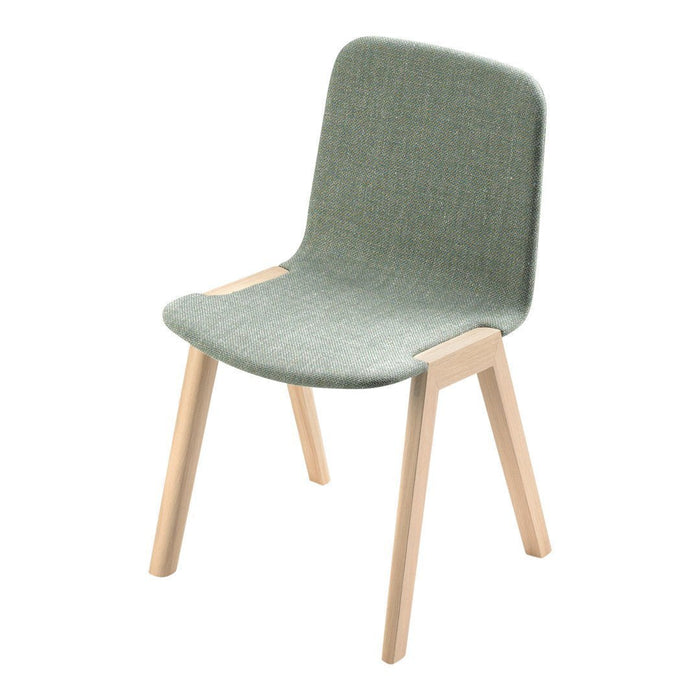 Green fabric chair with a modern design, complemented by natural wood legs. Simple and stylish decor addition.