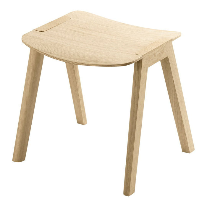 Natural light wood stool with a smooth, curved seat and four straight legs, showcasing a minimalist design.
