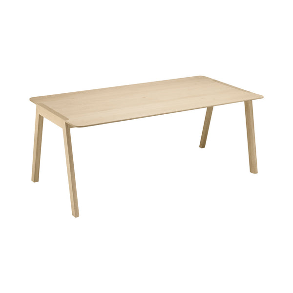 Light natural wood dining table with a smooth, minimalist design and clean lines. Ideal for modern decor.