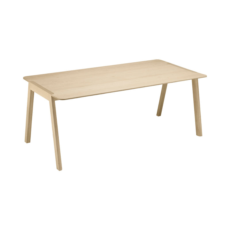 Light natural wood dining table with a smooth, minimalist design and clean lines. Ideal for modern decor.