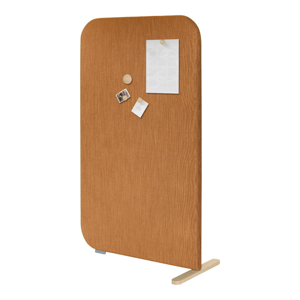 Tan bulletin board with a wood grain texture and smooth edges, featuring a natural wood support base.