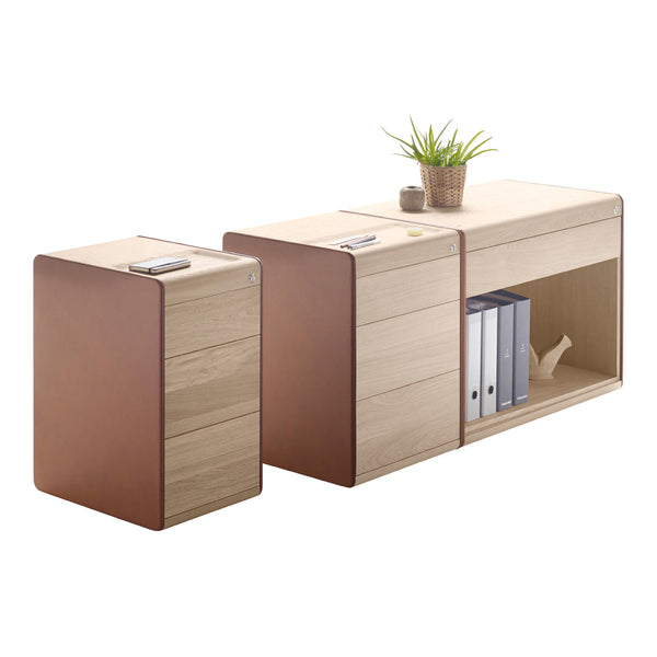Modern wooden desk set with light beige wood and contrasting dark brown accents, featuring sleek lines and minimal patterns.