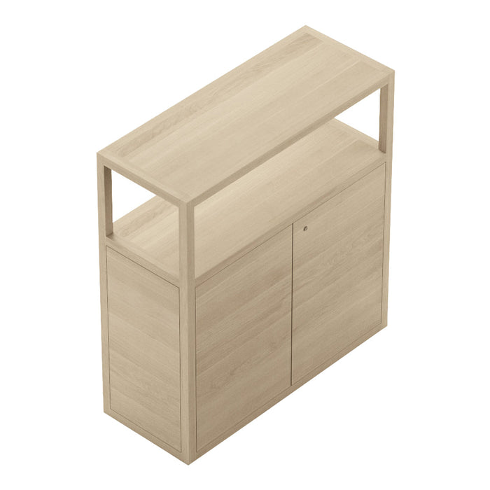 Light beige wooden sideboard with a smooth finish and minimalistic design, featuring two doors and an open top.