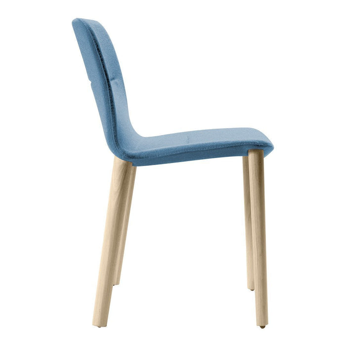 Light blue upholstered chair with a sleek design and natural wood legs. Perfect for modern decor.