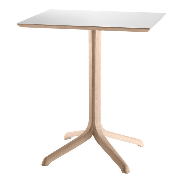 Light wooden base with a sleek white tabletop, featuring a minimalist design and clean lines. Perfect for modern decor.