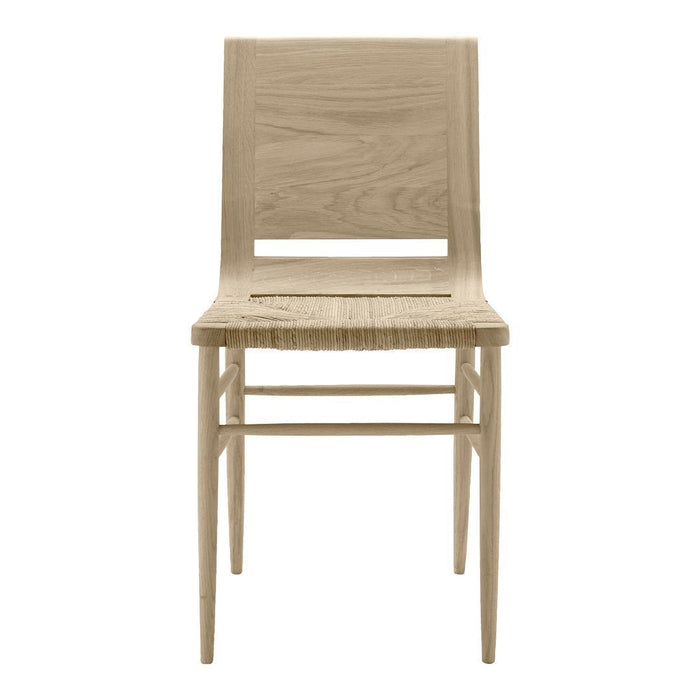 Light oak chair with a minimalist design and smooth wooden texture, showcasing natural wood grain patterns.