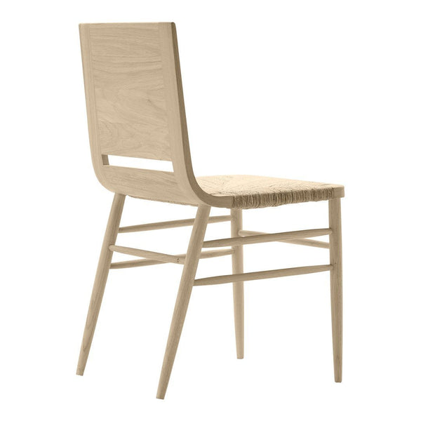 Light natural wood chair with a simple design and woven seat, featuring a smooth, pale finish and clean lines.