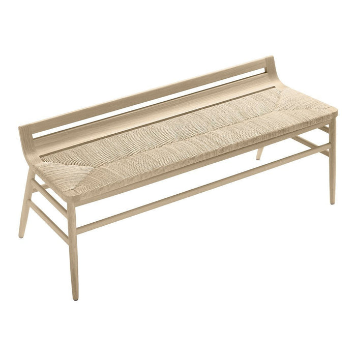 Light beige bench with textured, woven pattern and minimalist design. Perfect for modern, neutral decor.