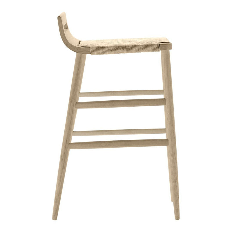 Light wood bar stool with a simple, minimalist design and natural finish, featuring clean lines and smooth curves.