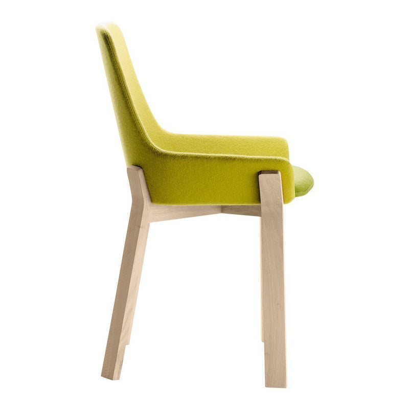 Stylish green upholstered chair with sleek wooden legs, featuring a modern design and a smooth finish.