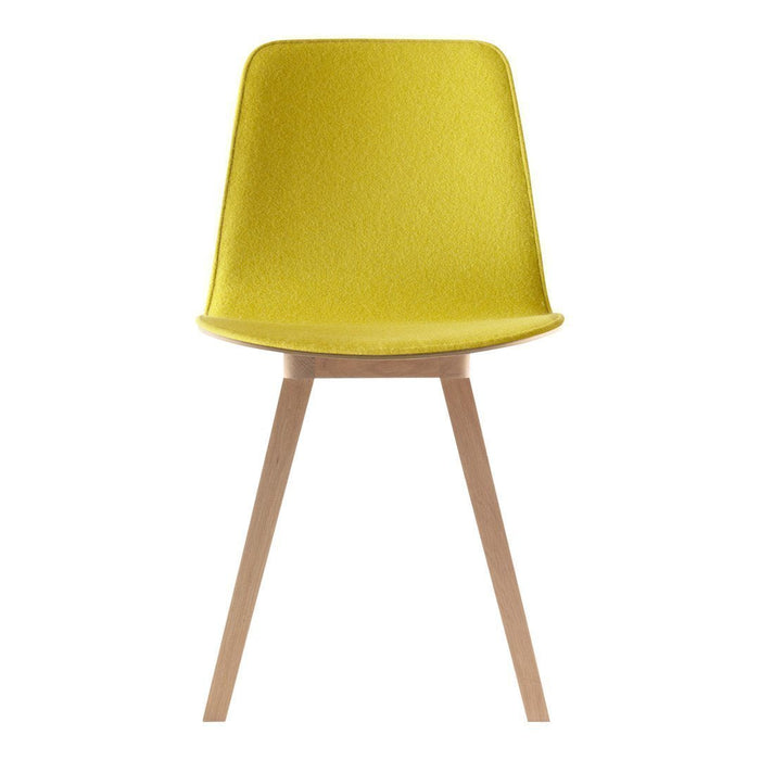 Bright yellow upholstered chair with sleek wood legs, perfect for modern decor.