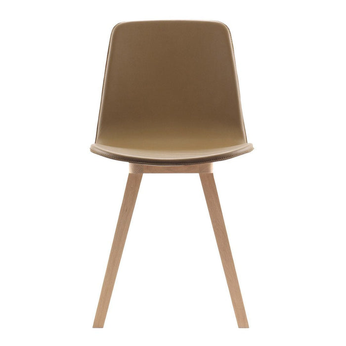 Modern brown plastic chair with natural wood legs, featuring a sleek, minimalistic design and smooth surface.