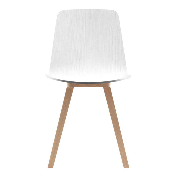 White chair with a smooth, minimalist design and light wooden legs, ideal for modern decor.