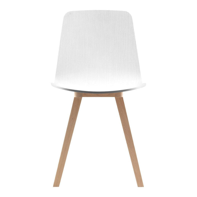 White chair with a smooth, minimalist design and light wooden legs, ideal for modern decor.