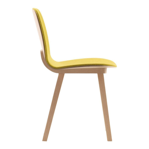 Side view of a sleek chair featuring a vibrant yellow seat and natural wood legs, minimalist design with clean lines.