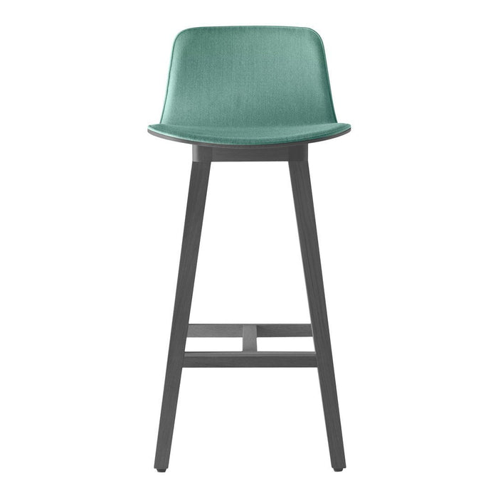 Teal modern bar stool with a smooth seat and contrasting dark wood legs. Ideal for contemporary dining spaces.