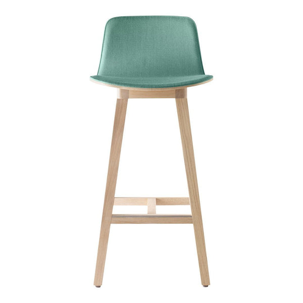 Aqua-green bar stool with smooth, minimalist design and natural wood legs. Ideal for modern decor.