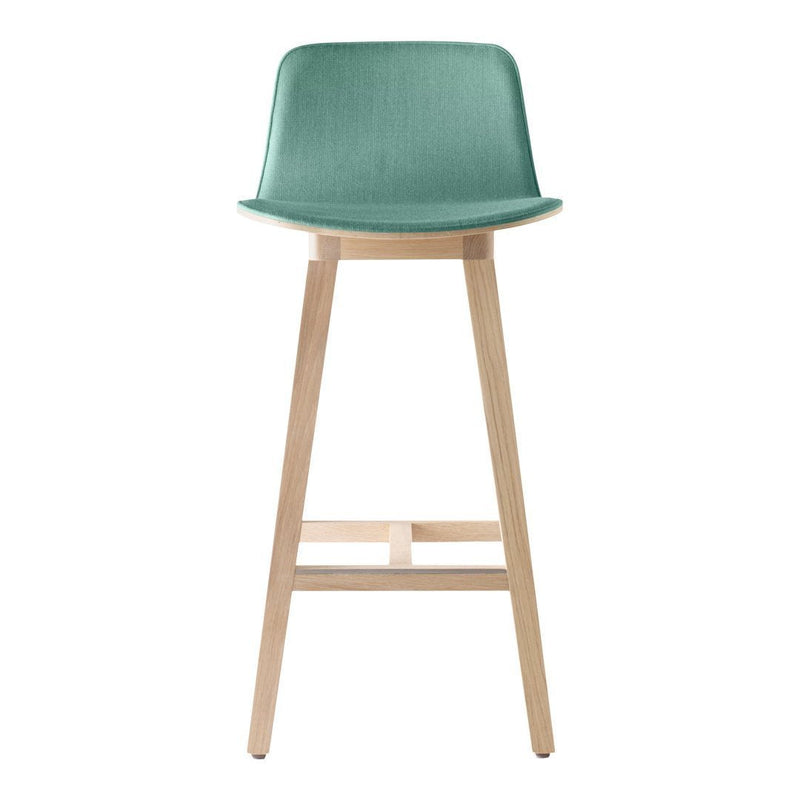 Aqua-green bar stool with smooth, minimalist design and natural wood legs. Ideal for modern decor.