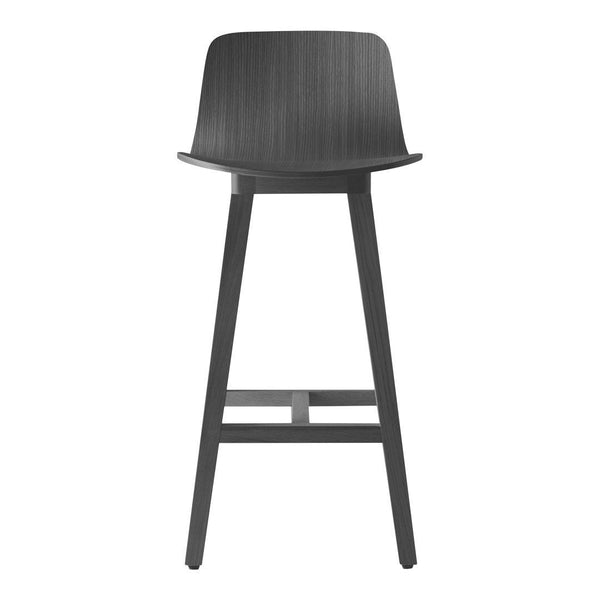 Sleek black wooden bar stool with a smooth, minimalist design and subtle vertical grooves on the backrest.