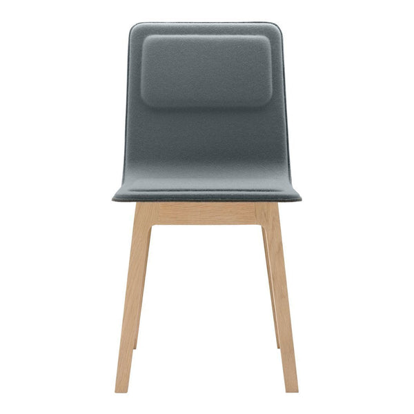 Gray upholstered chair with a smooth surface and natural wood legs, featuring a minimalistic and modern design.