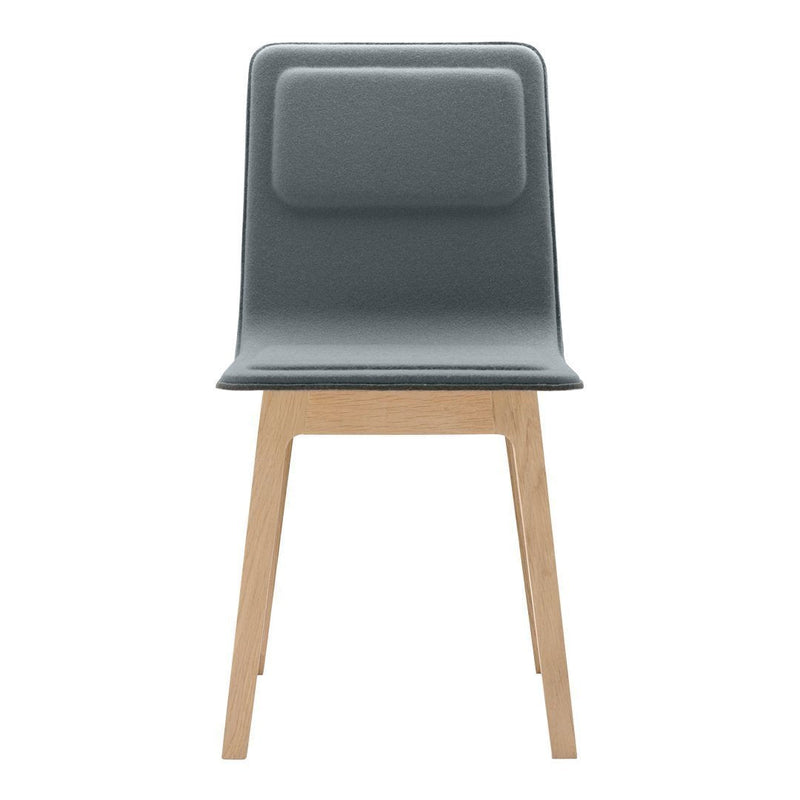 Gray upholstered chair with a smooth surface and natural wood legs, featuring a minimalistic and modern design.
