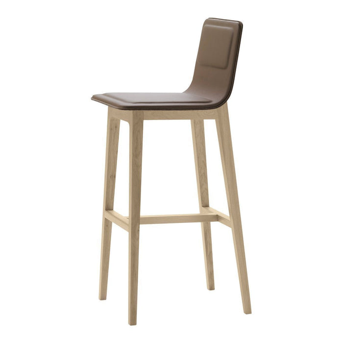Brown upholstered bar stool with a sleek, minimalist design and light wood legs, perfect for modern decor.