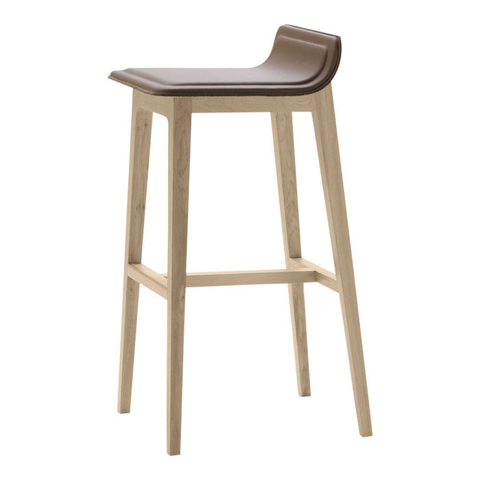 Brown curved seat bar stool with natural wood legs, featuring a minimalist design for modern decor.