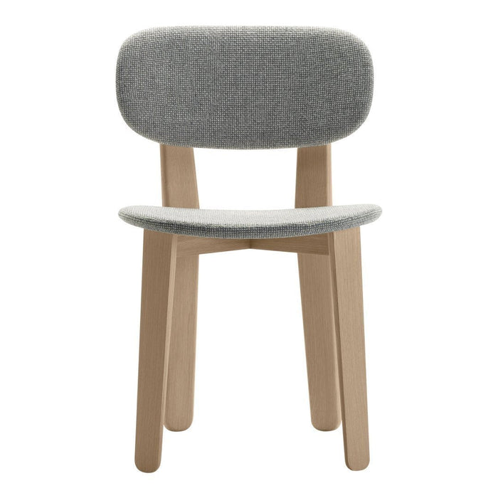 Gray upholstered chair with a simple design and natural wood legs, featuring a smooth, minimalist aesthetic.