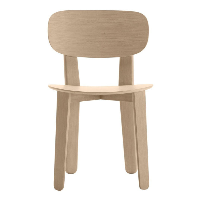 Light beige wooden chair with a smooth finish and minimalist design, featuring a rounded back and curved seat.