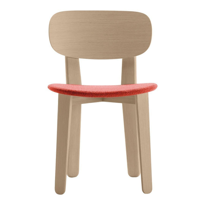 Light wood chair with a simple design, featuring a vibrant coral seat and smooth, rounded edges.