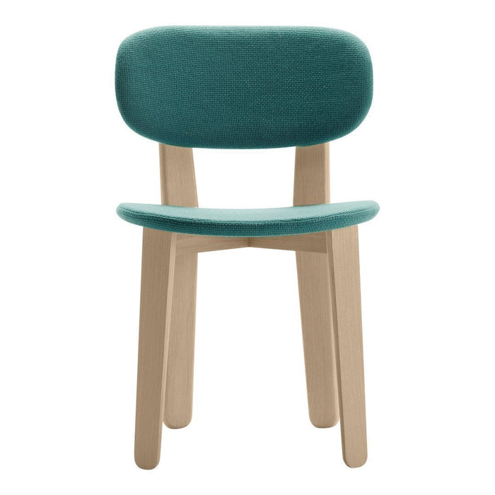 Teal upholstered chair with a smooth, rounded backrest and natural wood legs, featuring a minimalist design.